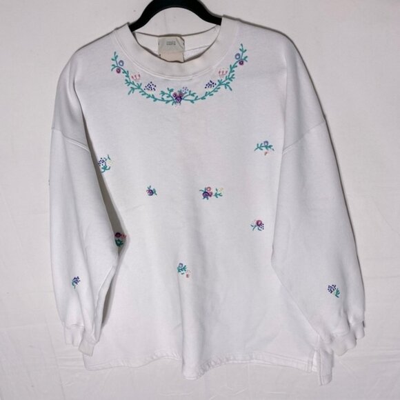 SOLDVintage Northern Reflections White Foral Embroidered Crew Neck Sweatshirt XL - Picture 1 of 16